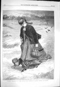 Original Old Antique Print 1869 Christmas Charities Woman Food Basket Dog Birds