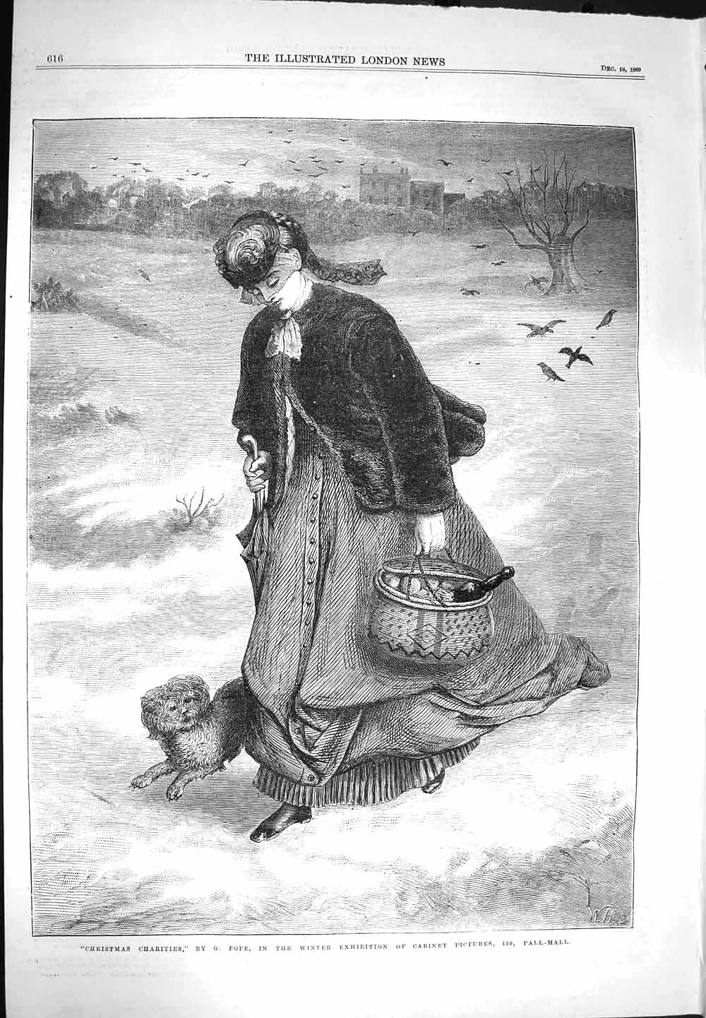 Original Old Antique Print 1869 Christmas Charities Woman Food Basket Dog Birds