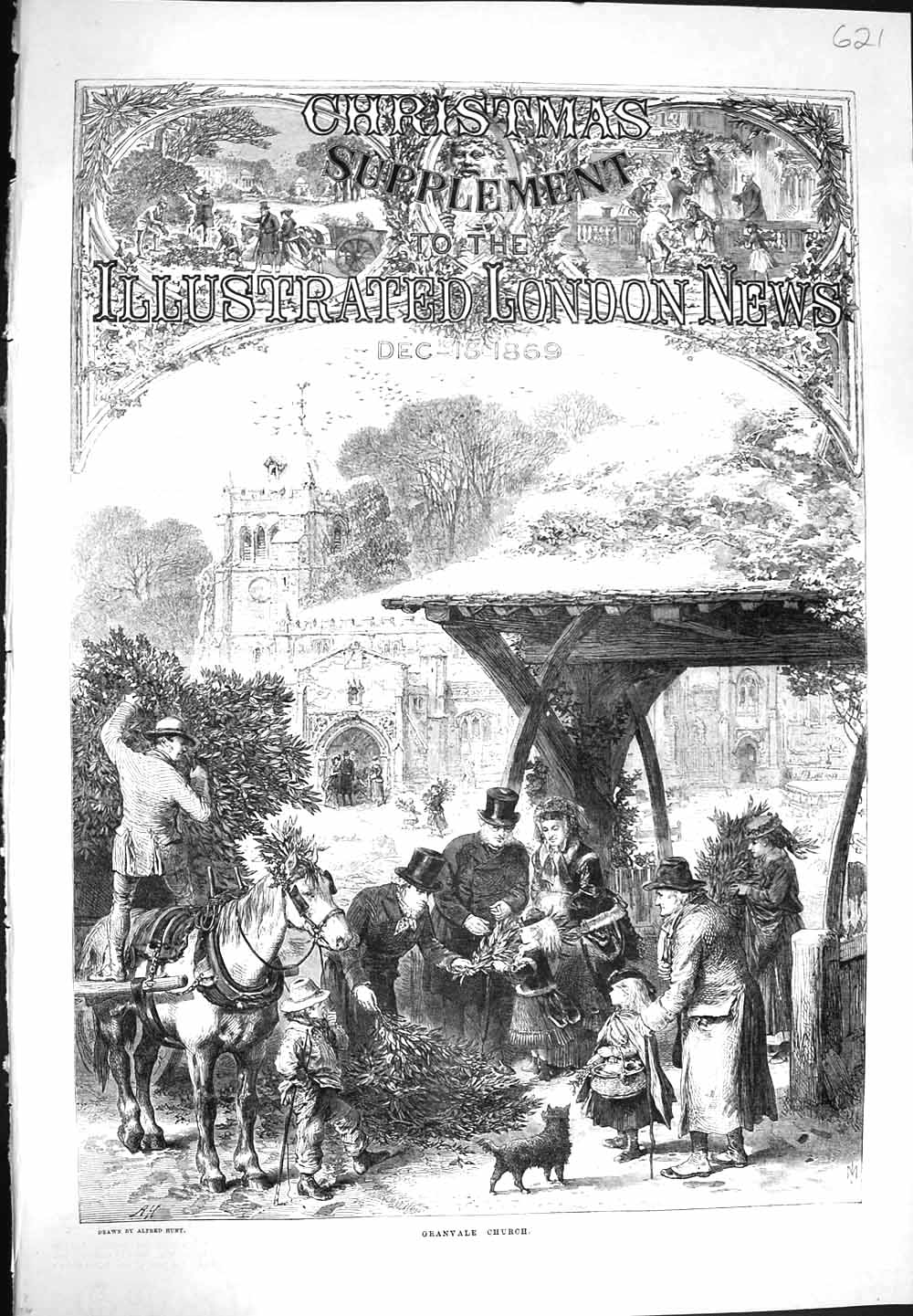 Original Old Antique Print 1869 View Granvale Church Christmas Trimming Hedge
