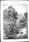 Original Old Antique Print 1869 Minister'S Ford Man Horse River Mountains Trees