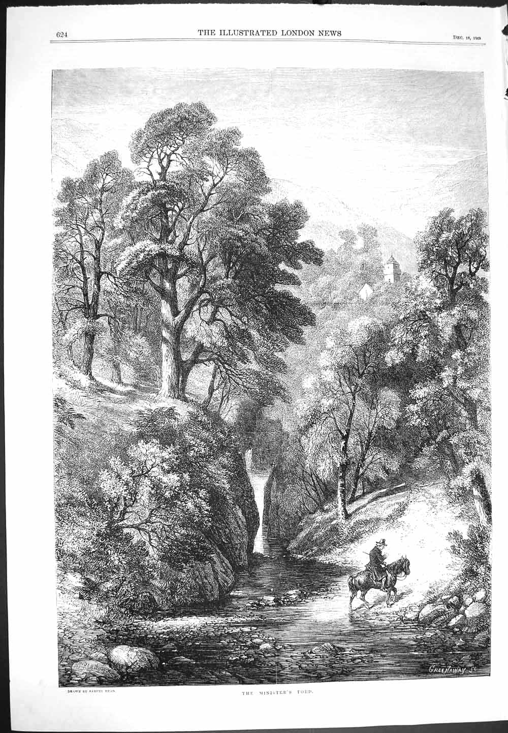 Original Old Antique Print 1869 Minister'S Ford Man Horse River Mountains Trees