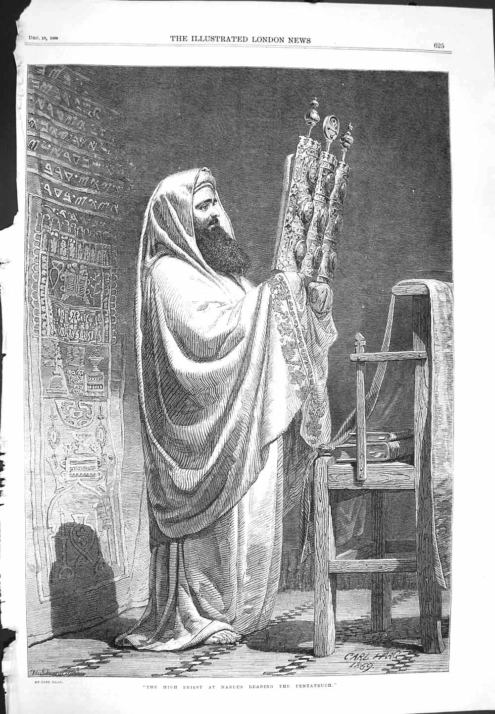 Original Old Antique Print 1869 Portrait High Priest Nablus Reading Pentateuch