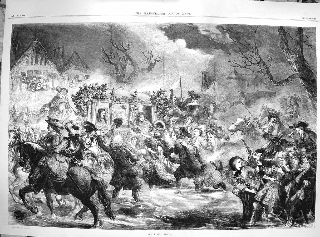 Original Old Antique Print 1869 King'S Rescue Scene Horses Carriage Fine Art