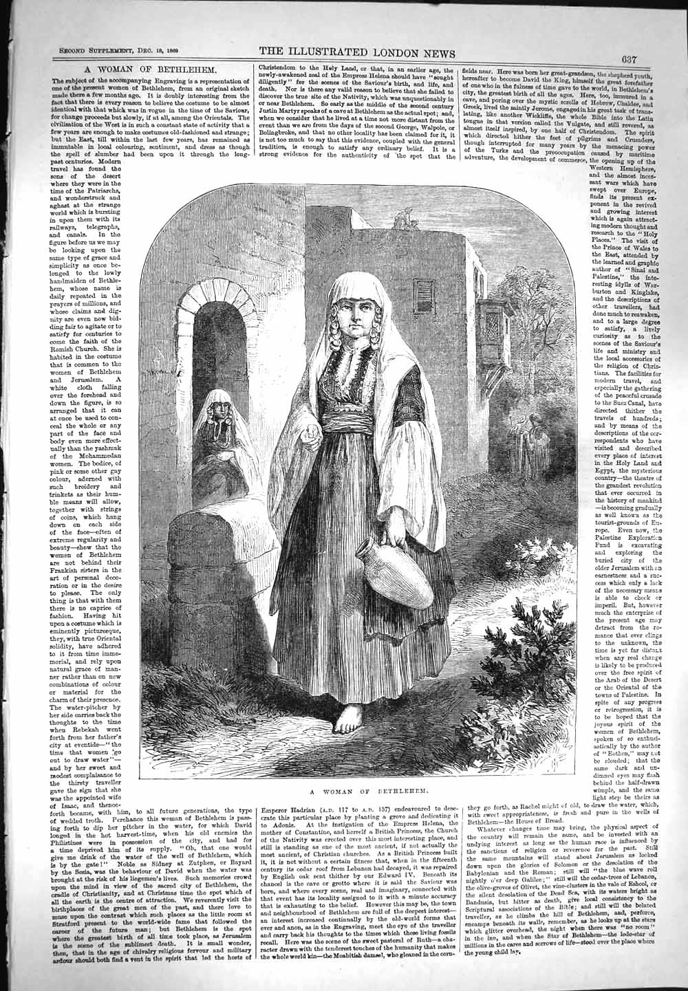 Original Old Antique Print 1869 Street Scene Woman Bethlehem Water Jug 19th