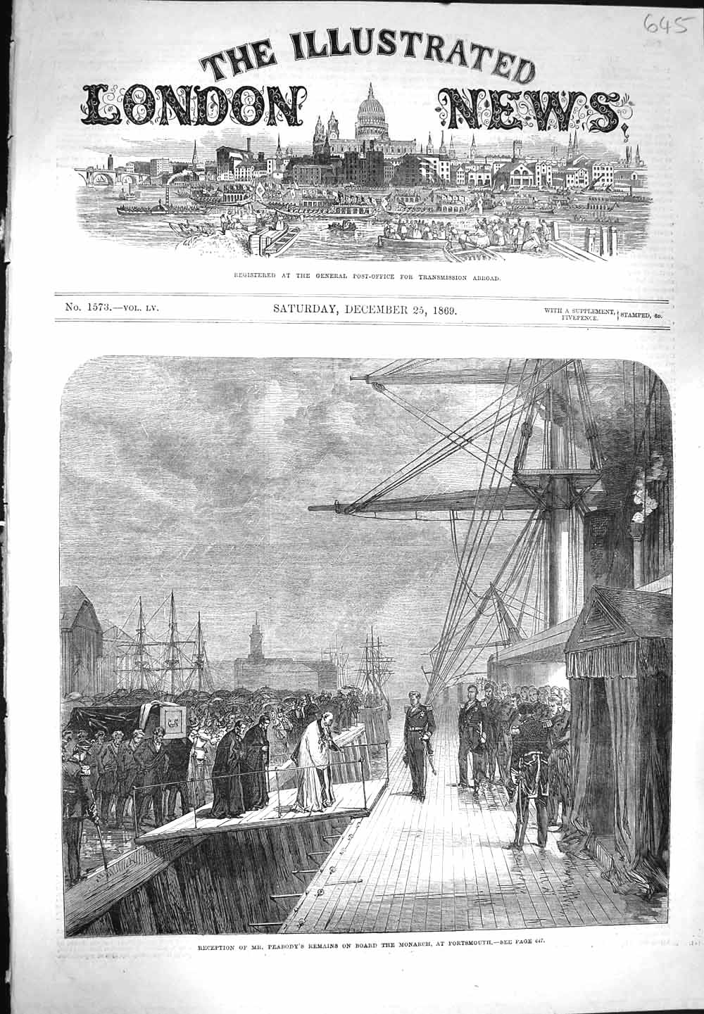 Original Old Antique Print 1869 Reception Peabody Body Ship Monarch Portsmouth