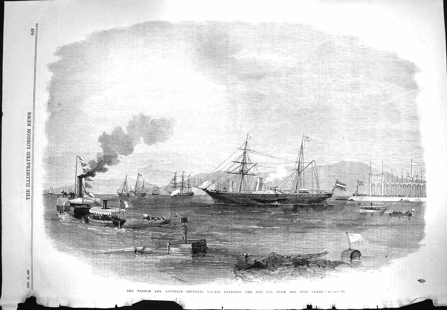 Antique Print *3273 1869 French Austrian Imperial Yachts Red Sea Suez Canal