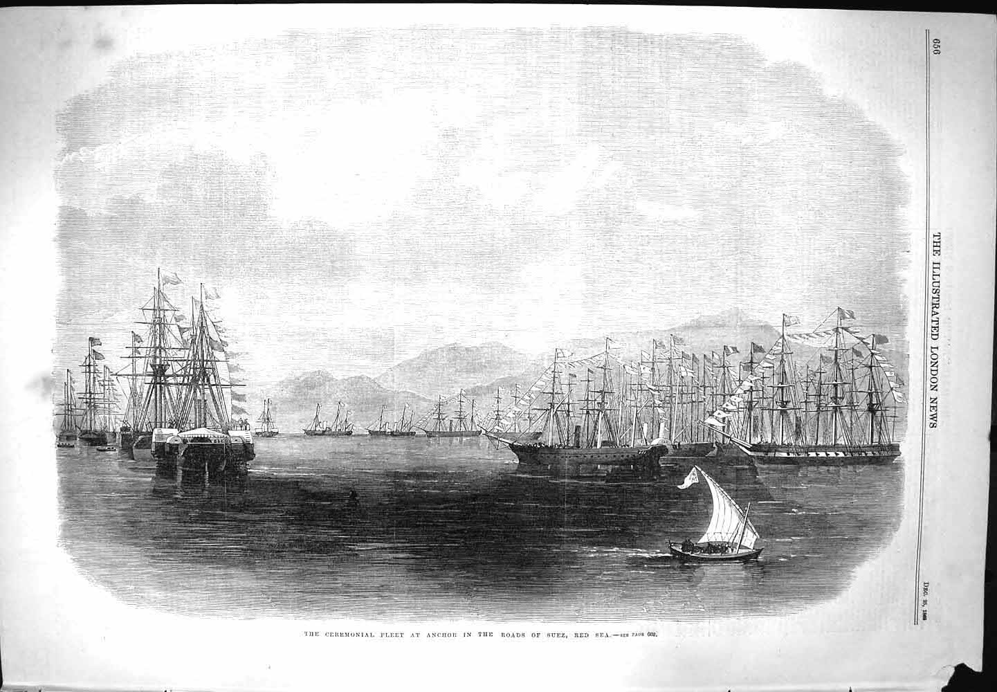 Old Antique Print 1869 Ceremonial Fleet Ships Flags Anchor Suez Red Sea 19th
