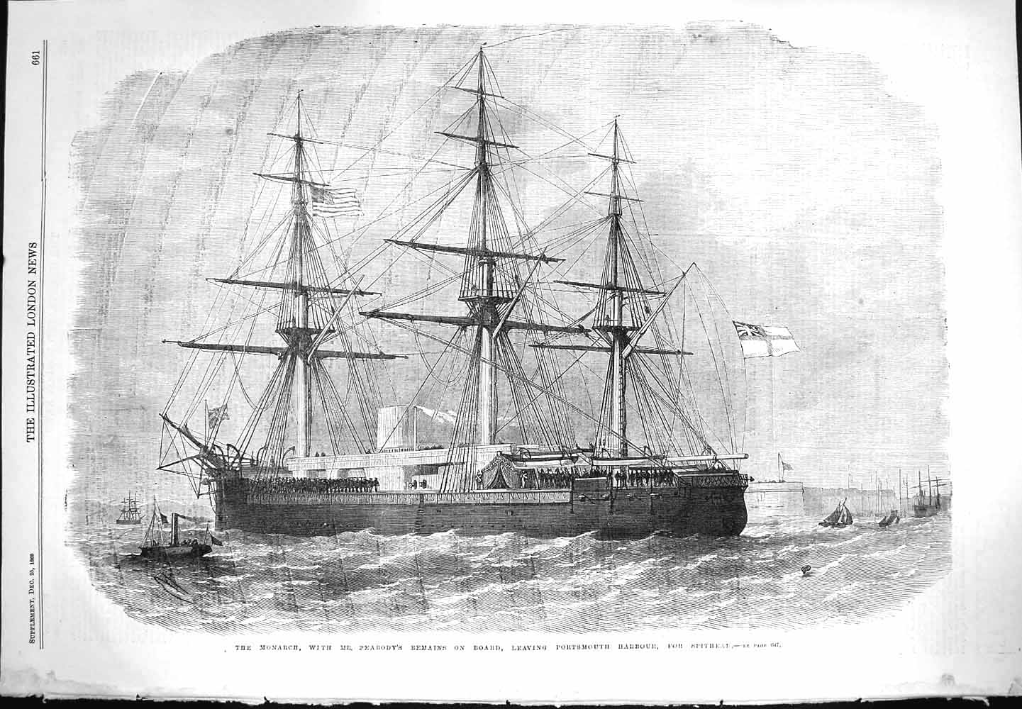 Original Old Antique Print 1869 Ship Monarch Peabody Body Portsmouth Harbour