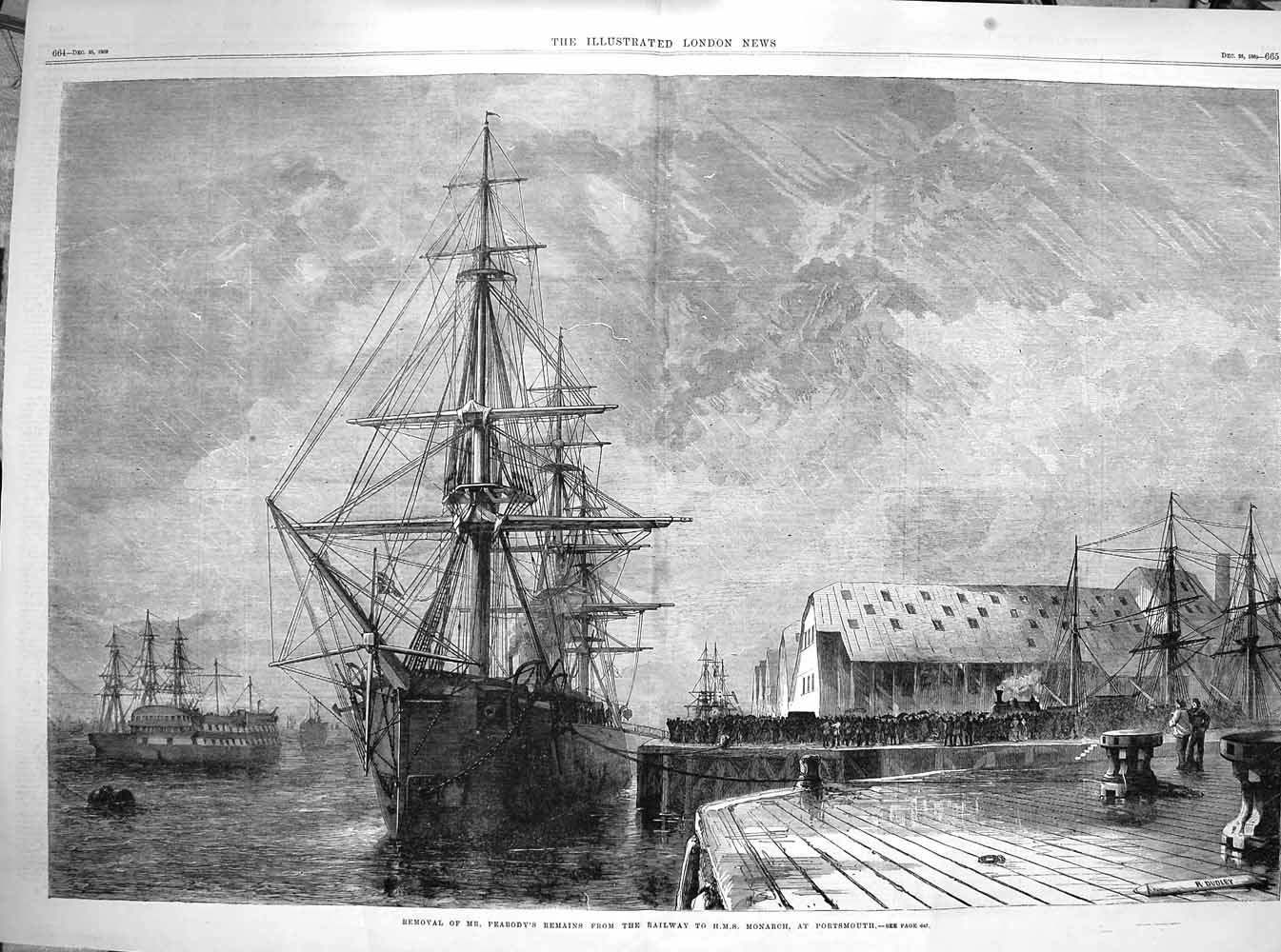 Antique Old Print 1869 Mr Beabody Remains Railway Ship Monarch Portsmouth 19th