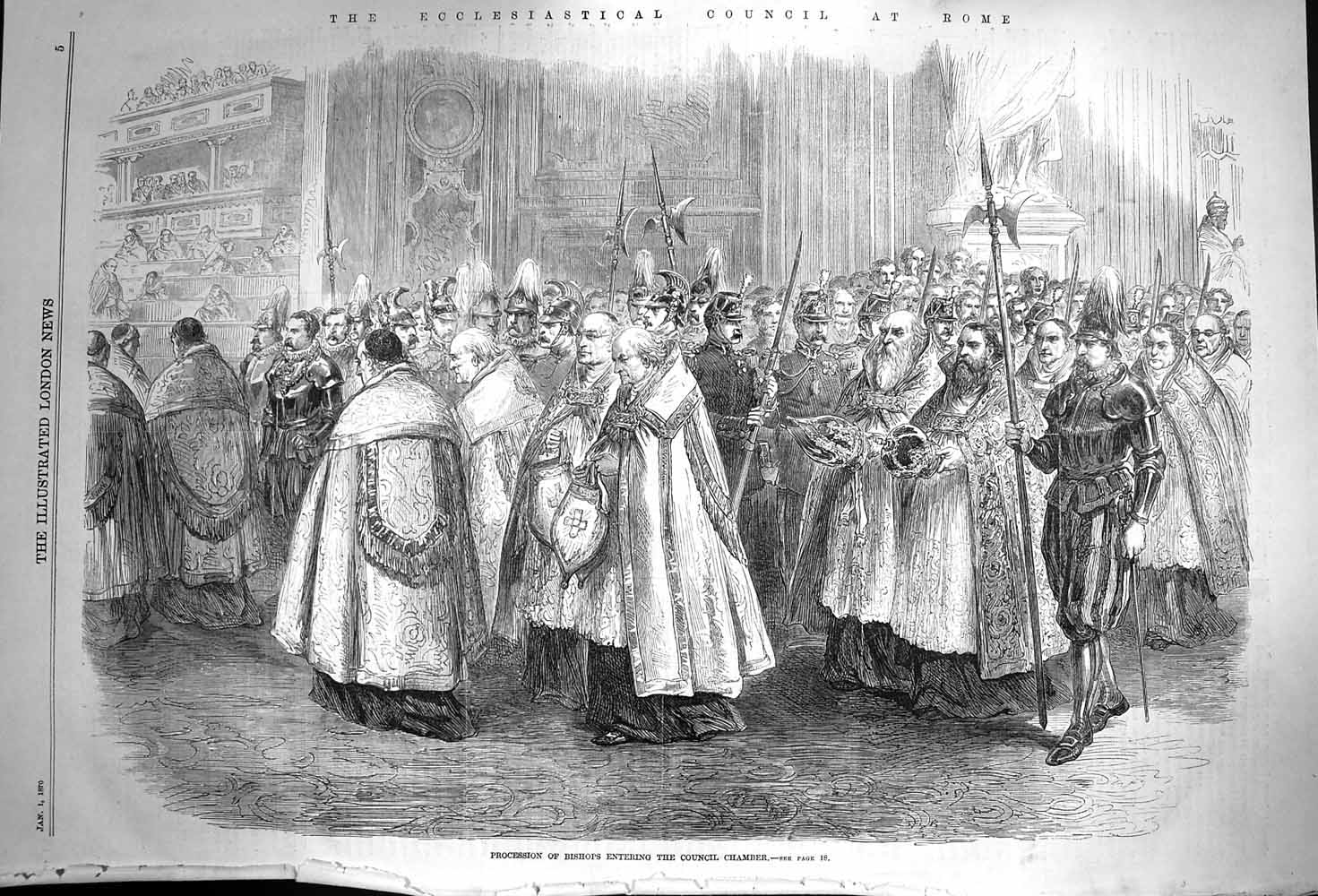Old Antique Print 1870 Procession Bishop Entering Council Chambers Rome 19th