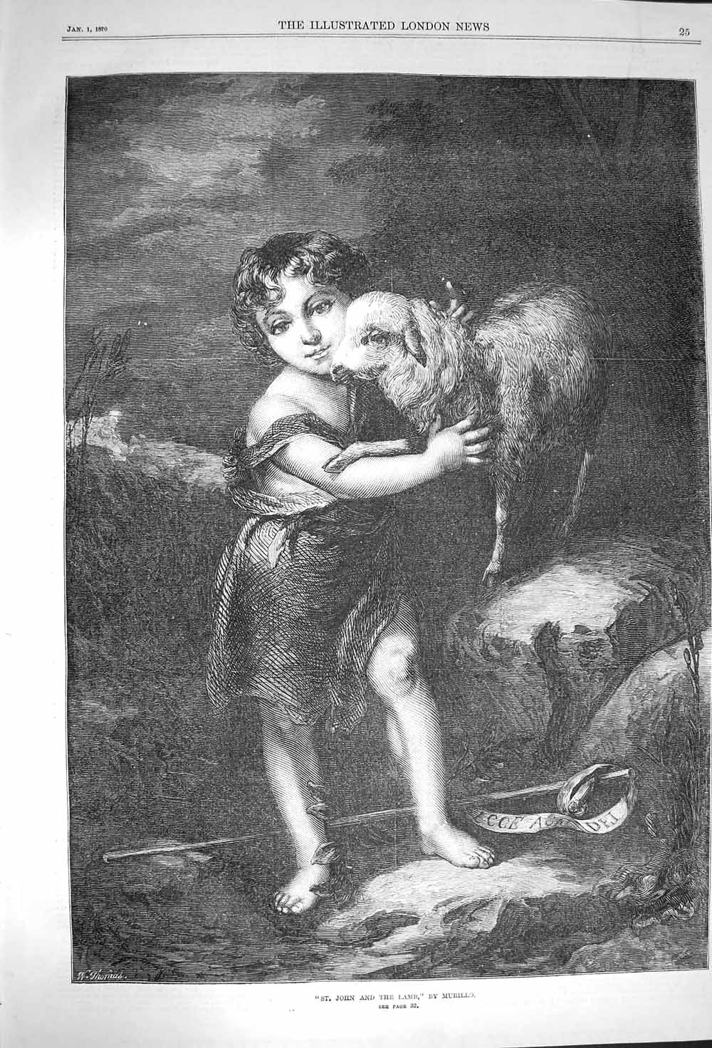 Original Old Antique Print 1870 Murillo Fine Art St. John Lamb Young Boy 19th