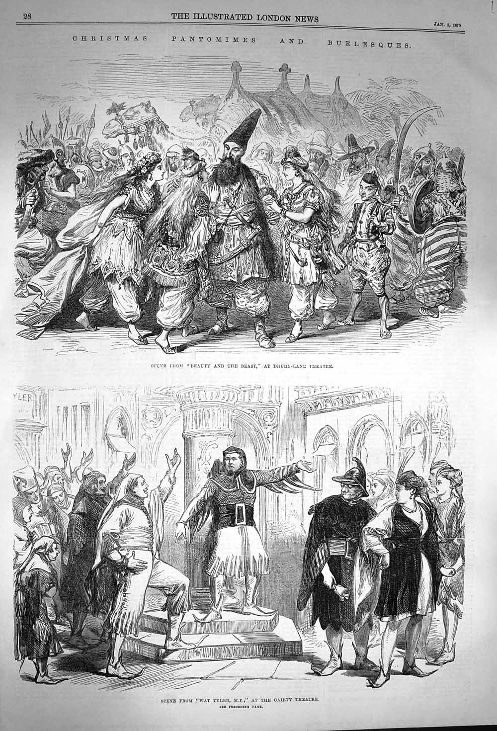 Original Old Antique Print 1870 Christmas Pantomimes Drury Theatre Gaiety Globe