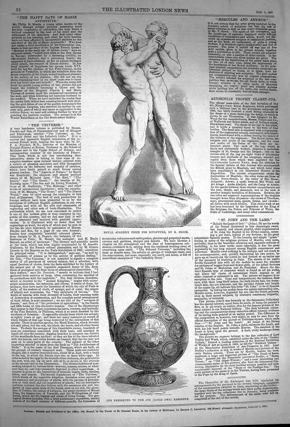 Old Antique Print 1870 Royal Academy Prize Sculpture Jug King'S Regiment 19th