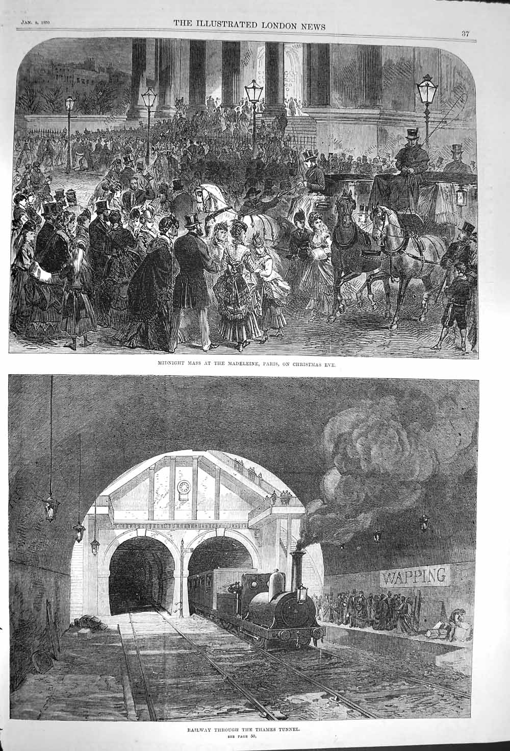 Original Old Antique Print 1870 Railway Thames Tunnel Train Mass Madelein 19th