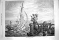 Old Antique Print 1870 Good Night Stannus Fishing Boat Family Pier Scene 19th