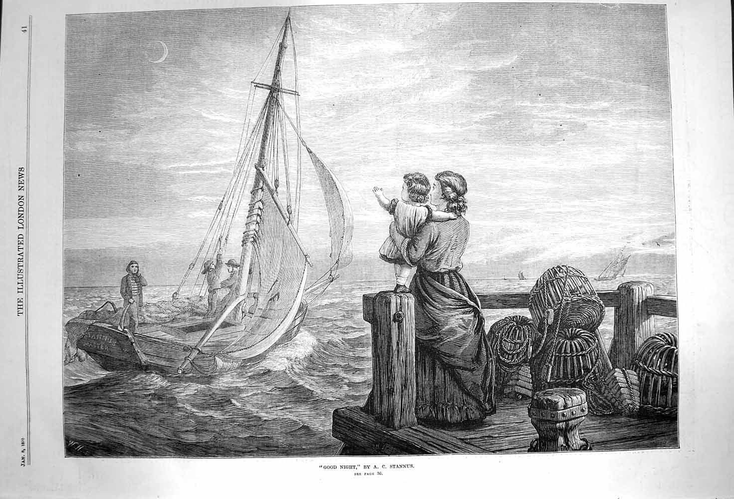 Old Antique Print 1870 Good Night Stannus Fishing Boat Family Pier Scene 19th
