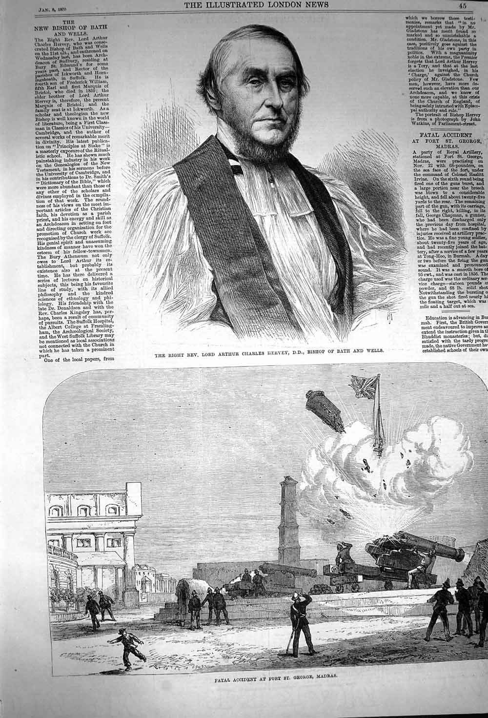 Old Antique Print 1870 Rev. Lord Arthur Charles Hervey Fort George Madras 19th