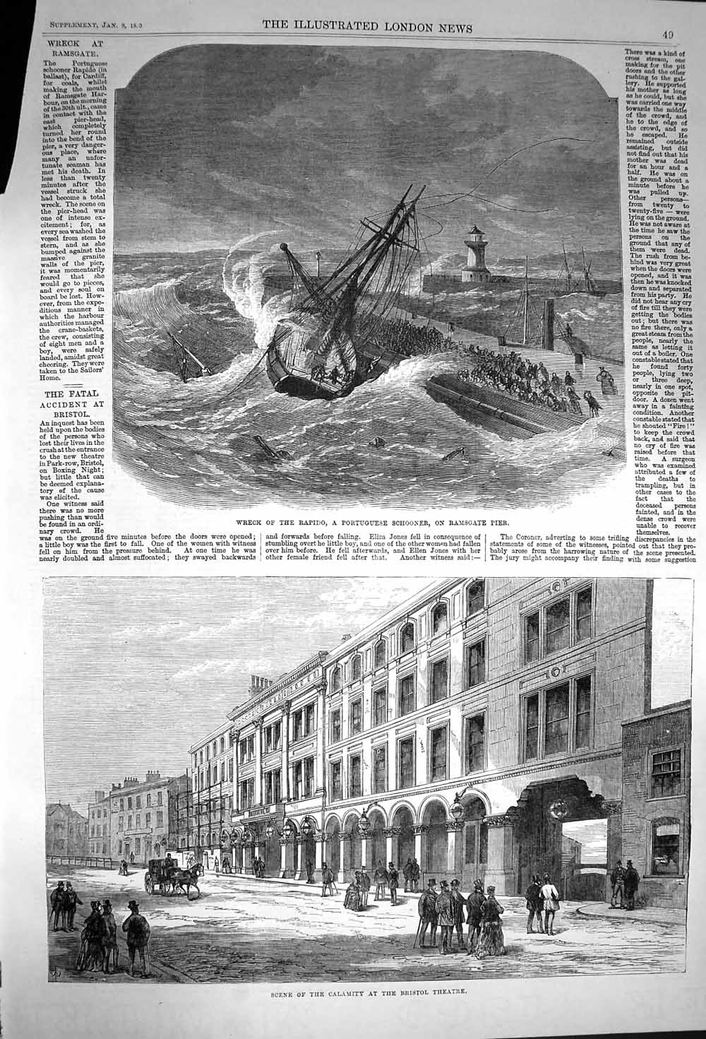 Original Old Antique Print 1870 Ship Wreck Rapido Portuguese Schooner Theatre