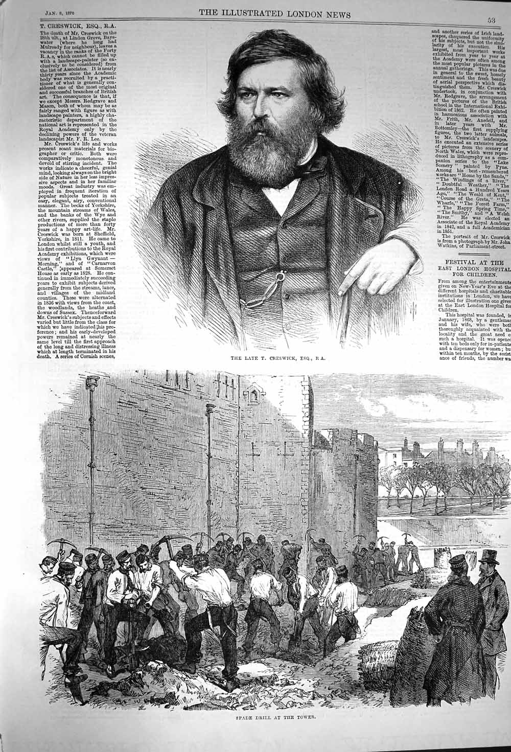 Original Old Antique Print 1870 Portrait Creswick Spade Drill Tower Siers 19th