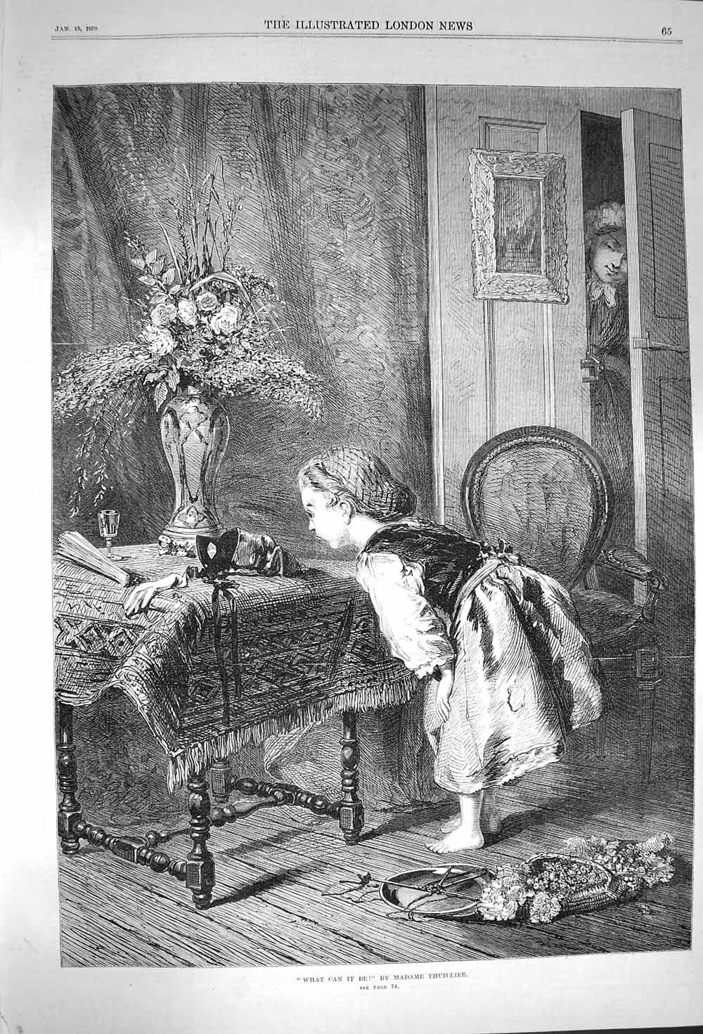 Old Antique Print 1870 Madame Thuillier What Can It Be Little Girl Table 19th