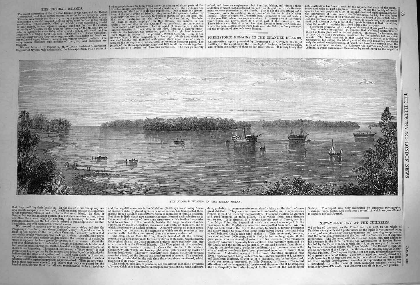 Original Old Antique Print 1870 Nicobar Islands Indian Ocean Boats Victorian