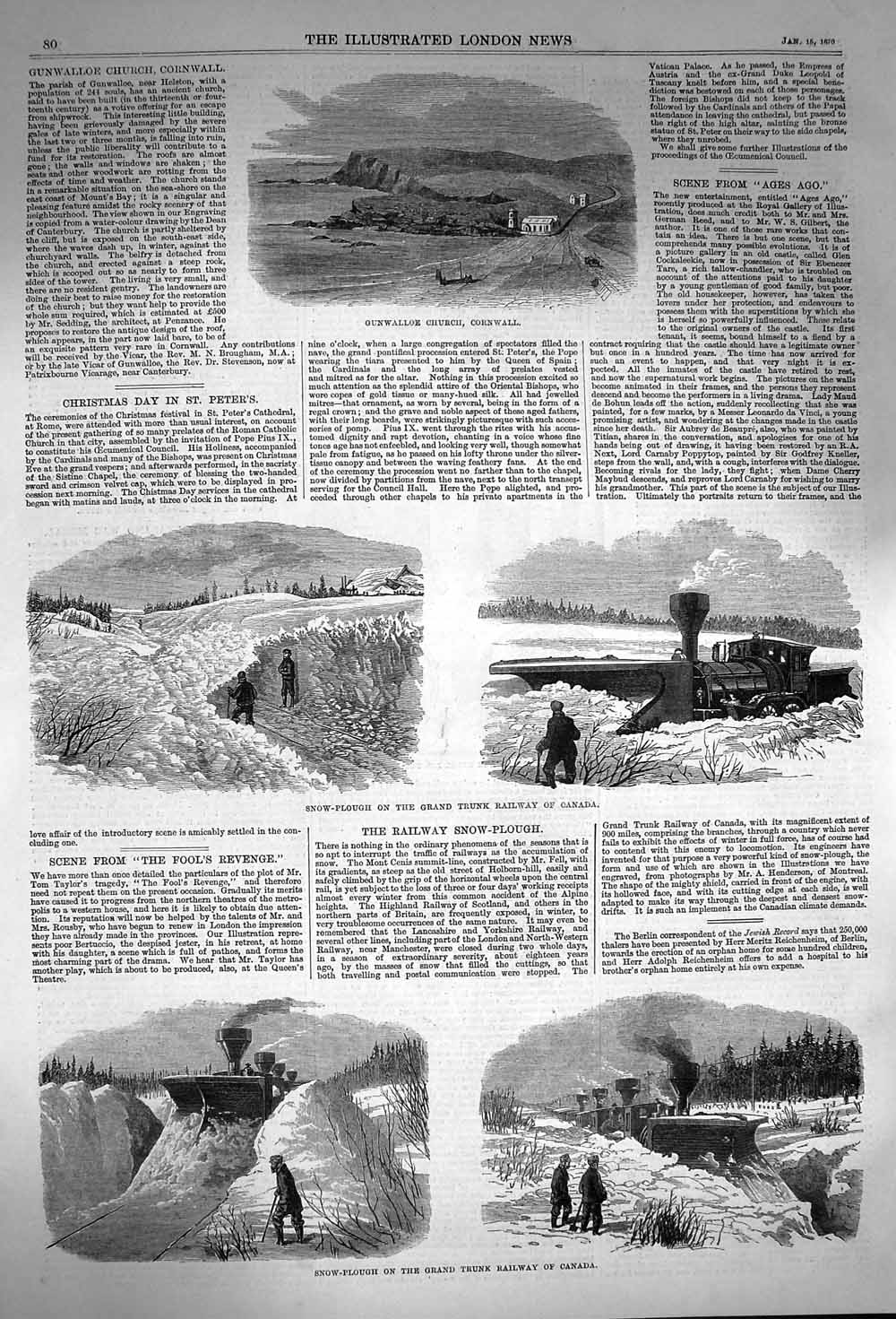 Original Old Antique Print 1870 Church Cornwall Snow-Plough Railway Canada 19th