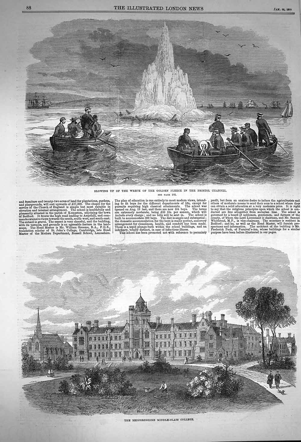 Original Old Antique Print 1870 Bedfordshire College Ship Gen Fleece Bristol