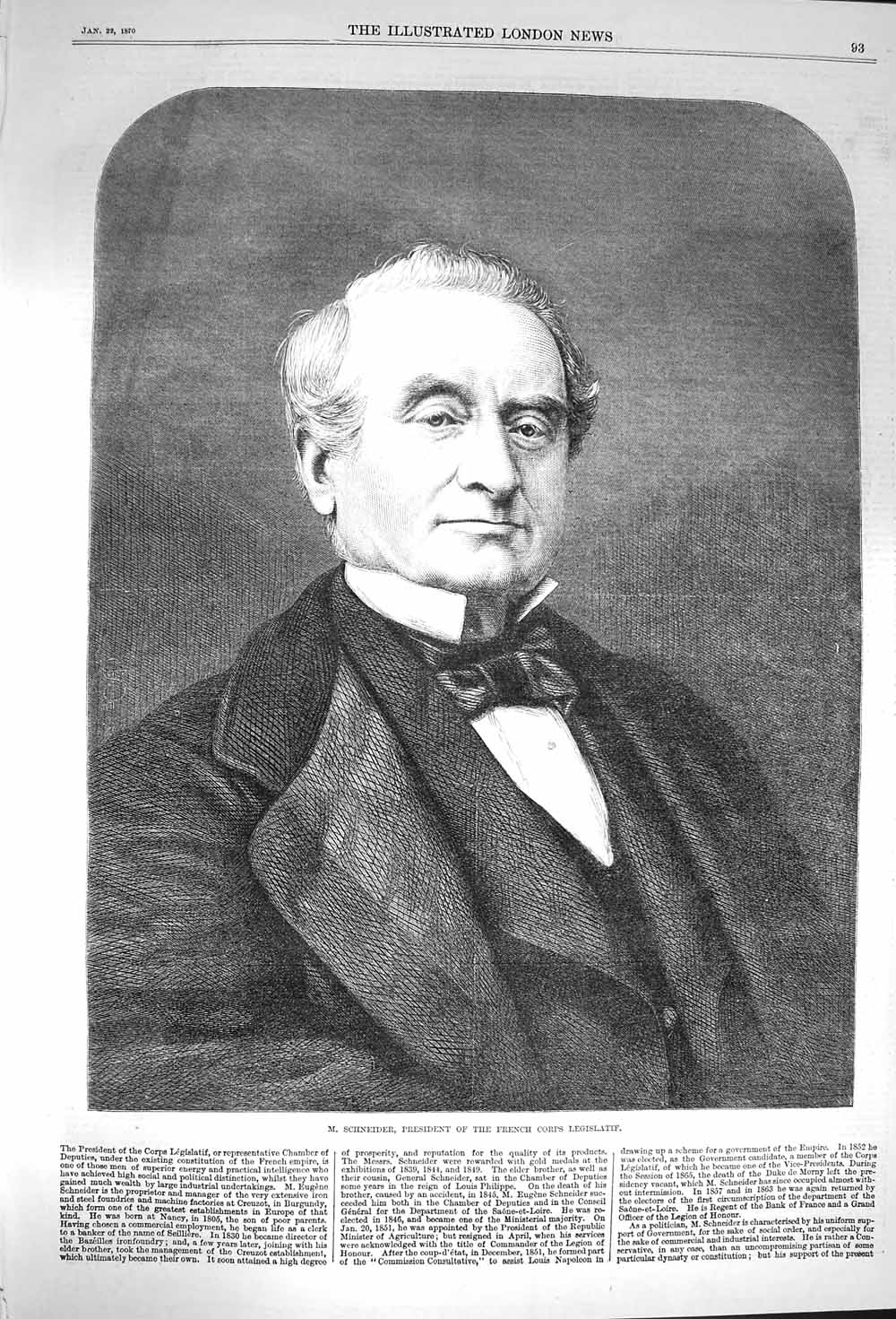 Original Old Antique Print 1870 Portrait Schneider French Corps Legislatif 19th