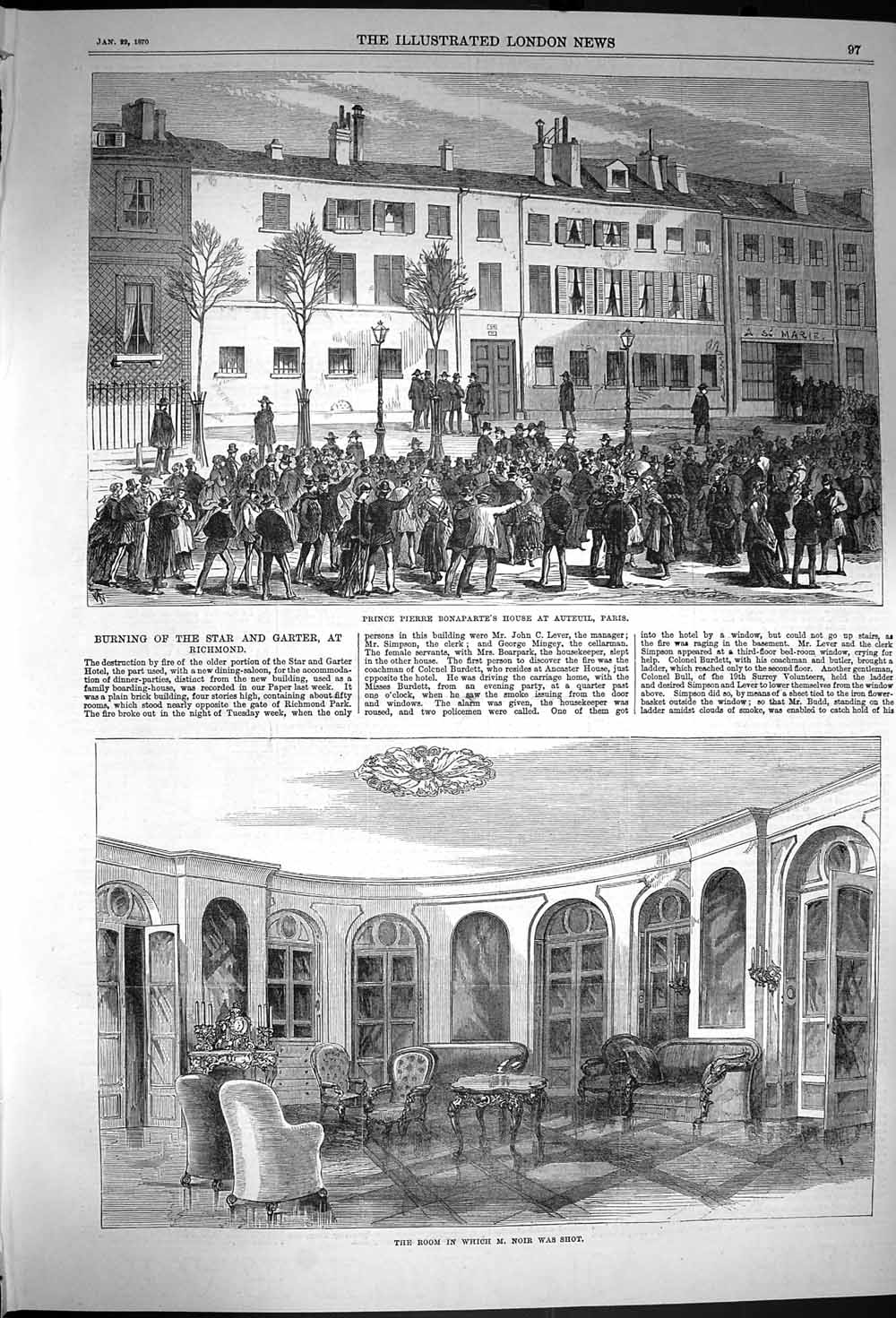 Old Antique Print 1870 Prince Pierre Bonaparte House Auteuil Paris Noir 19th
