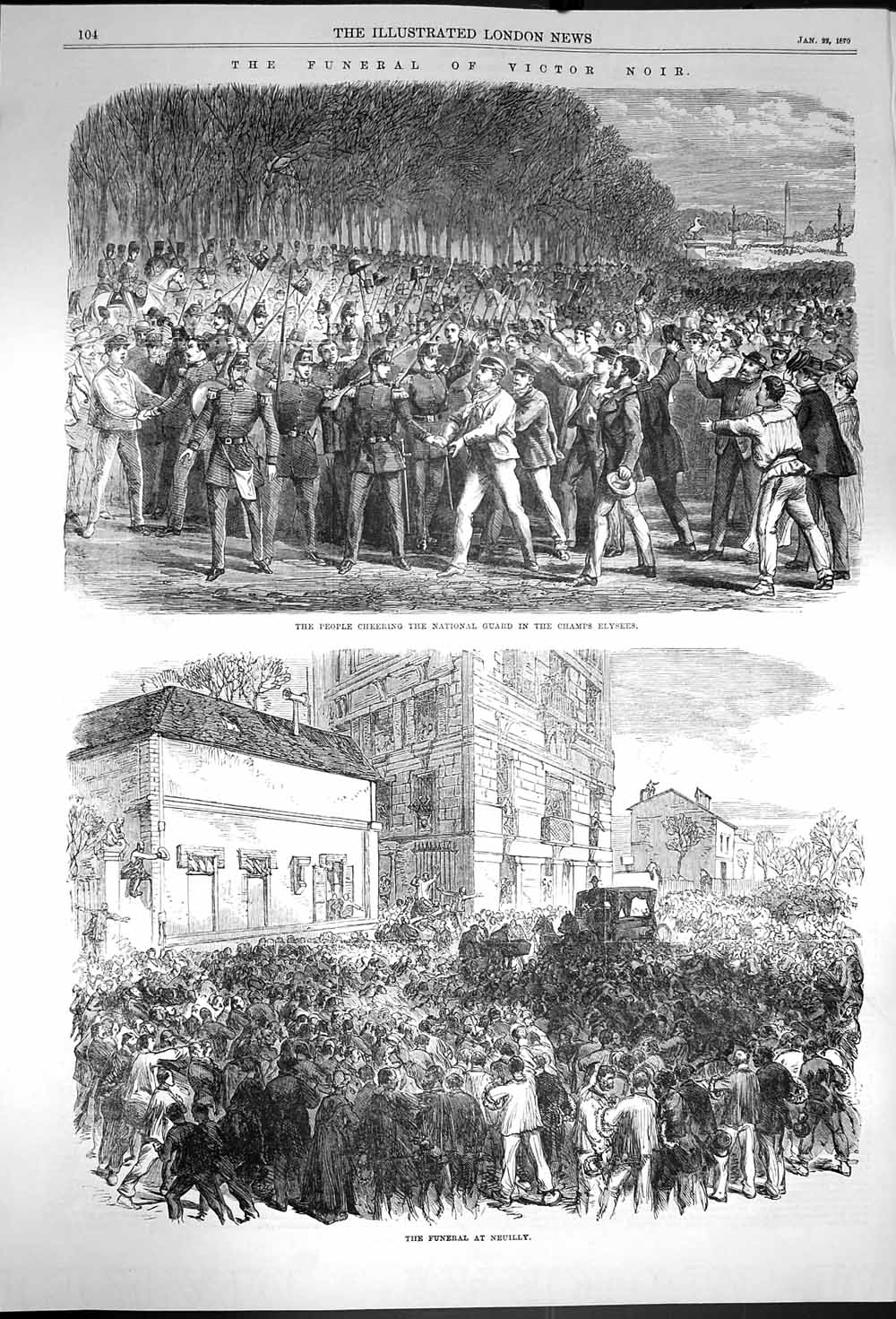 Old Antique Print 1870 Funeral Victor Noir National Guard Champs Elysees 19th