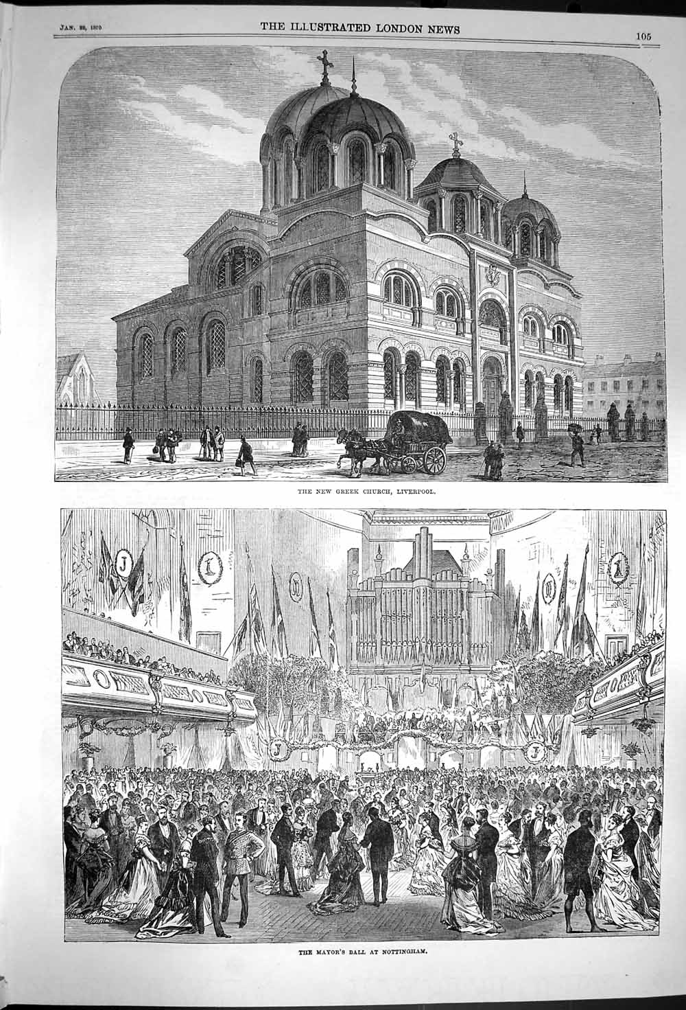 Original Old Antique Print 1870 Greek Church Liverpool Mayor'S Ball Nottingham