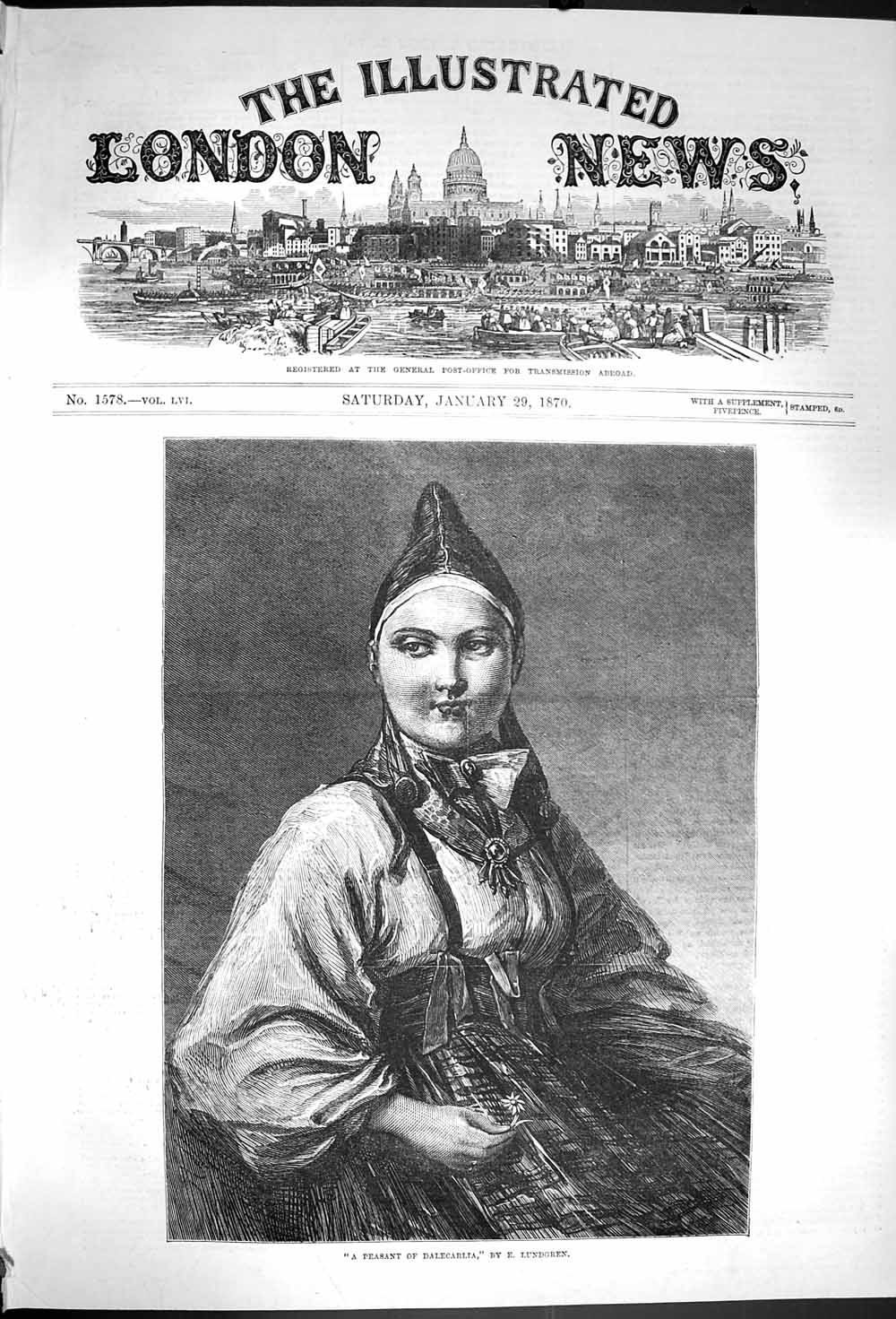 Original Old Antique Print 1870 Portrait Peasant Dalecarlia Woman Lundgren 19th