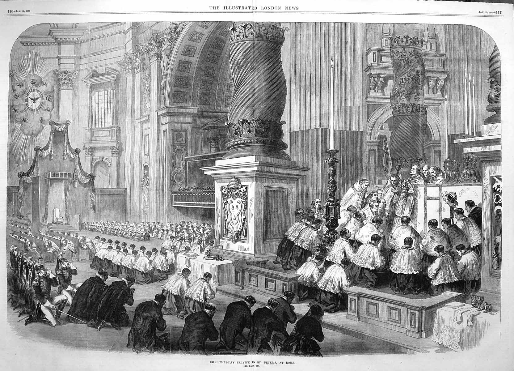 Original Old Antique Print 1870 Christmas Day Service St. Peters Rome Italy