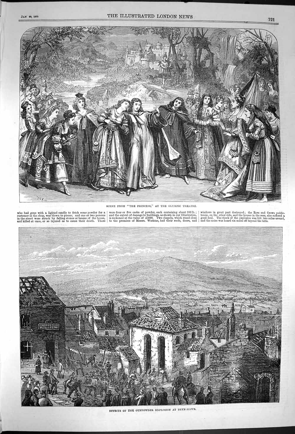 Original Old Antique Print 1870 Olympic Theatre Gunpowder Explosion Br Victorian