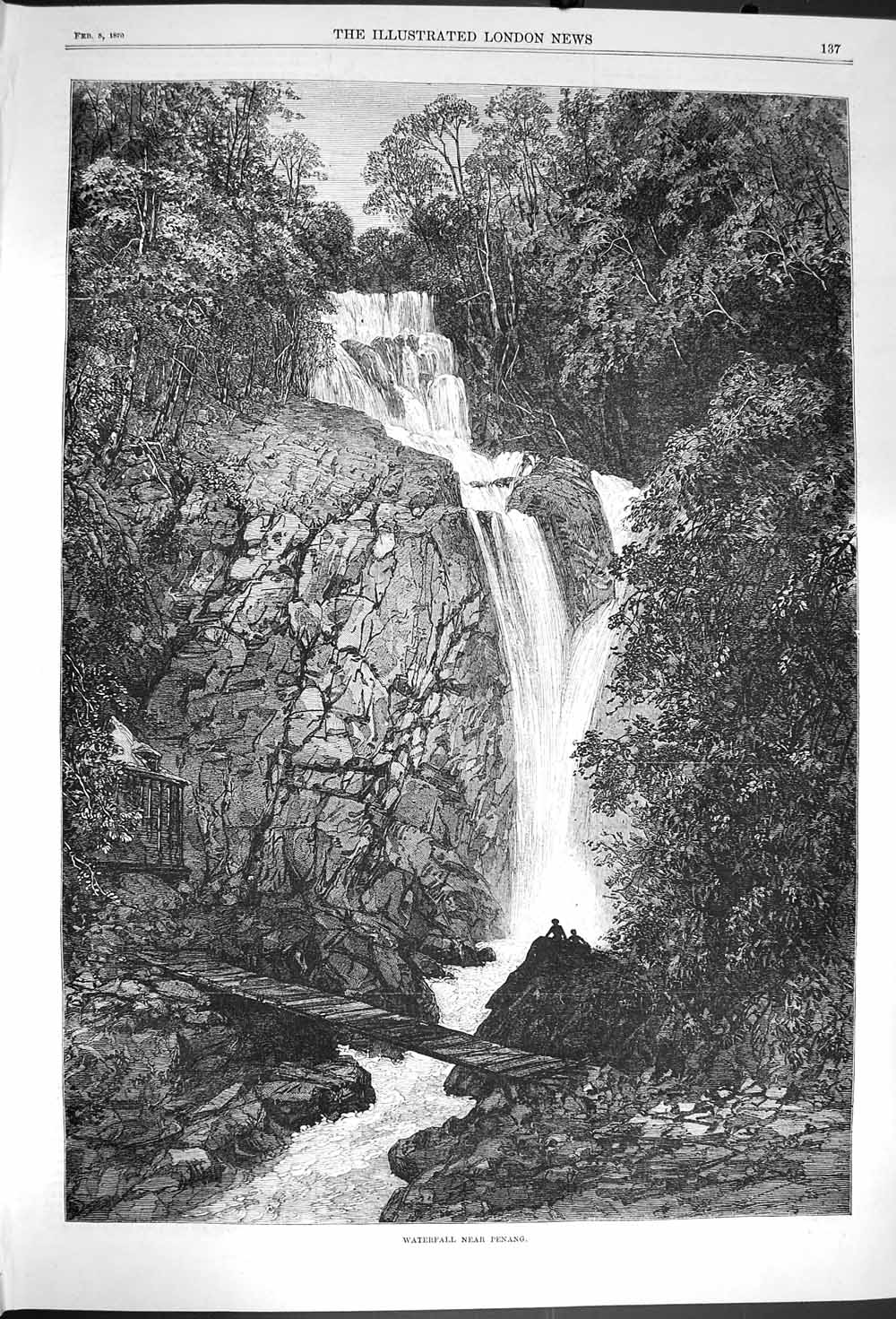Original Old Antique Print 1870 Fine Art Waterfall Near Penang Rive Victorian