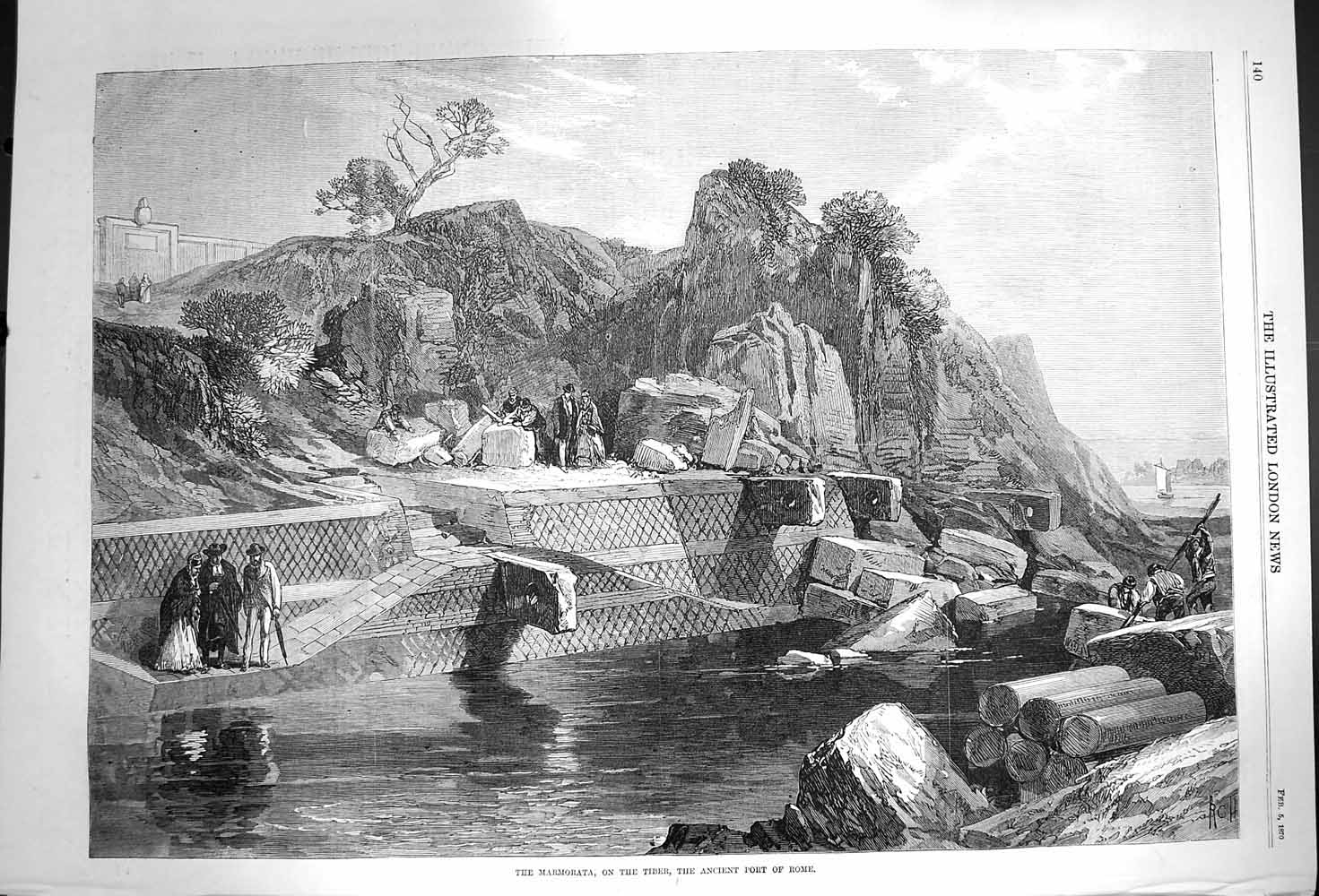 Original Old Antique Print 1870 Marmorata Tiber River Ancient Part Rome Italy