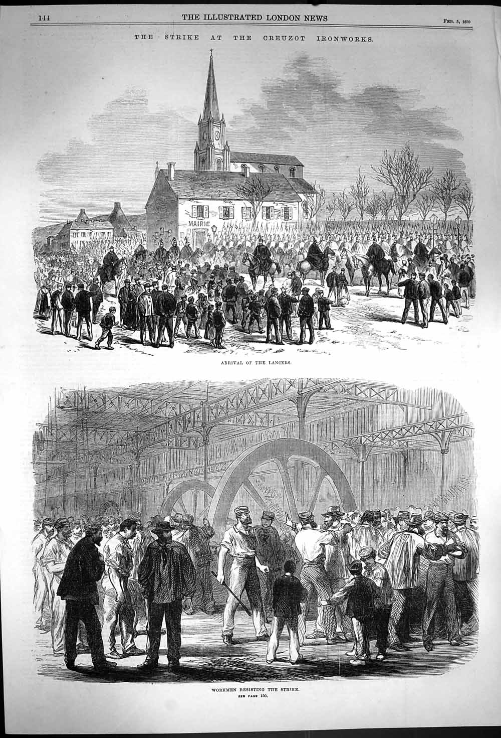 Original Old Antique Print 1870 Strike Creuzot Ironworks Lancers Workmen 19th