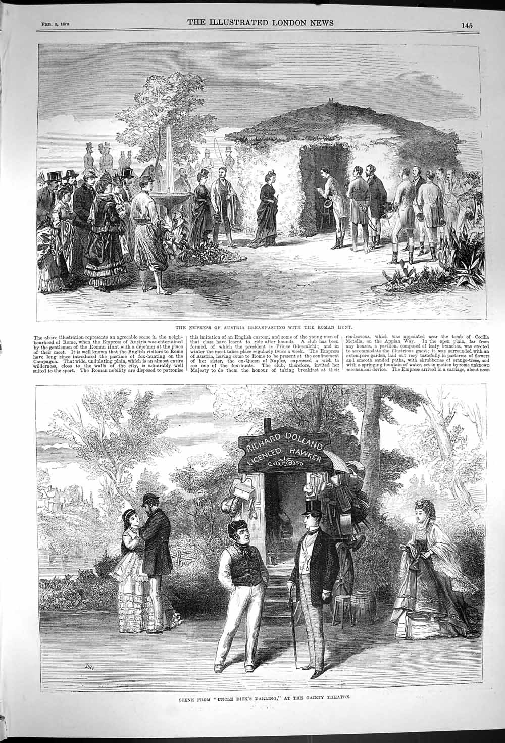 Original Old Antique Print 1870 Empress Austria Roman Hunt Gaiety Theatre 19th