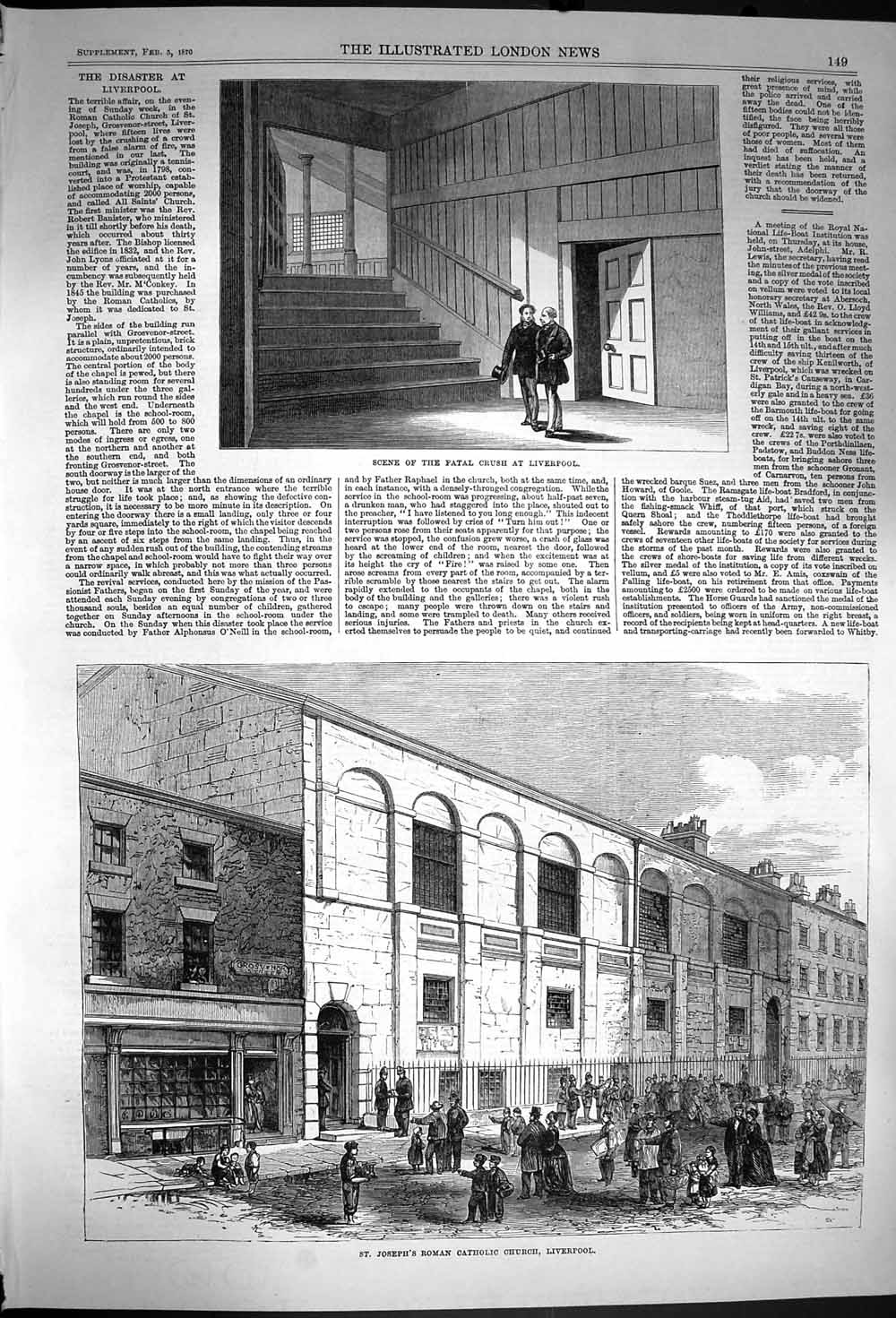 Original Old Antique Print 1870 Fatal Crush Liverpool Joseph'S Catholic Church
