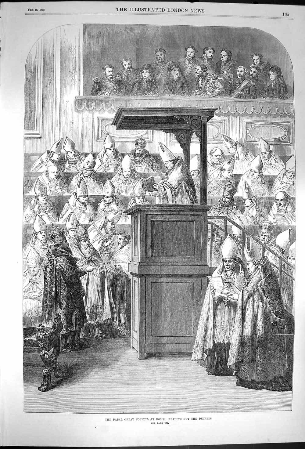 Original Old Antique Print 1870 Papal Great Council Rome Reading Decrees Scene