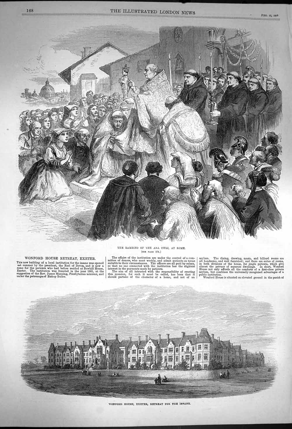Original Old Antique Print 1870 Wonford House Exeter Insane Ara Coeli Rom 19th