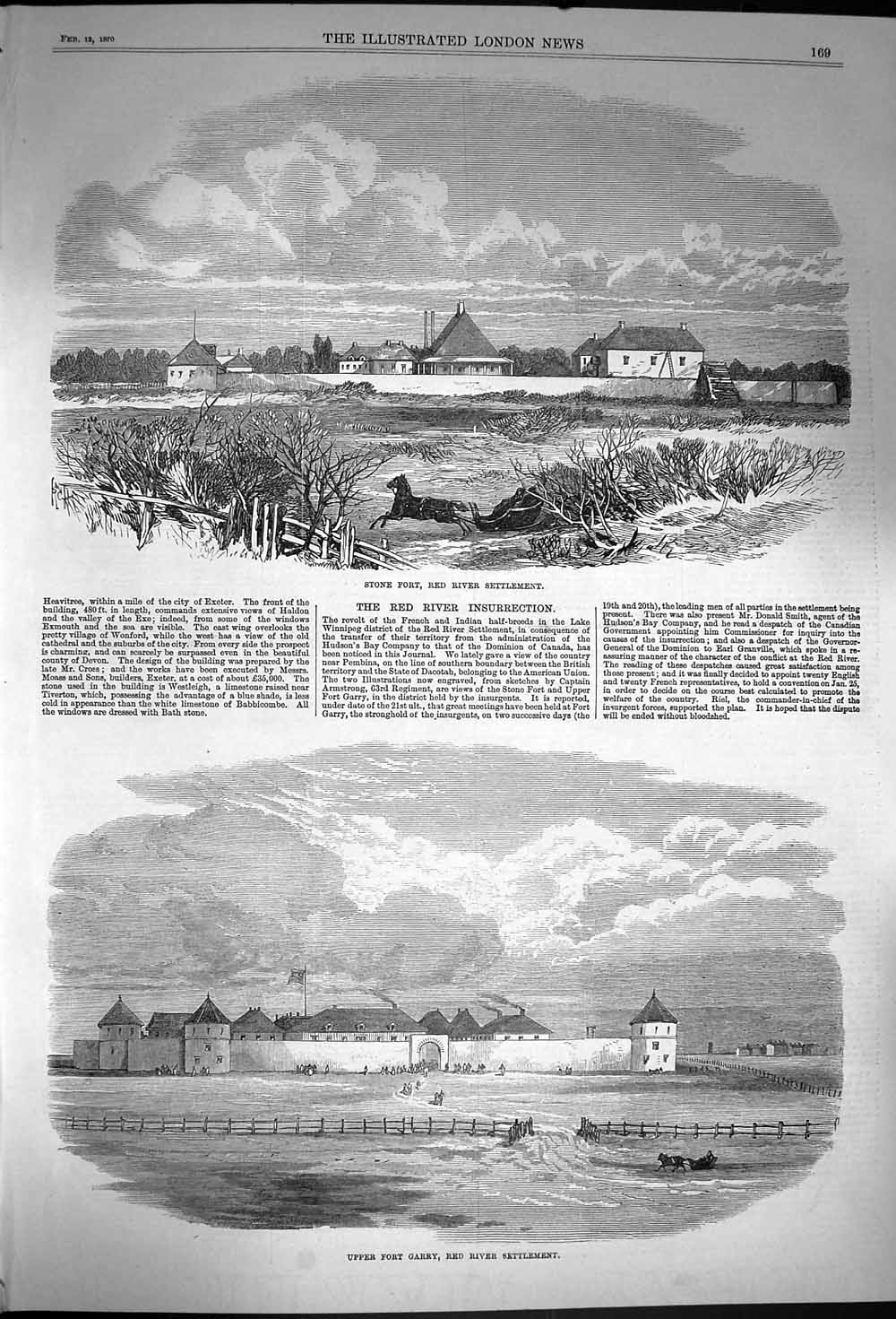 Original Old Antique Print 1870 Stone Fort Red River Settlement Uppe Victorian