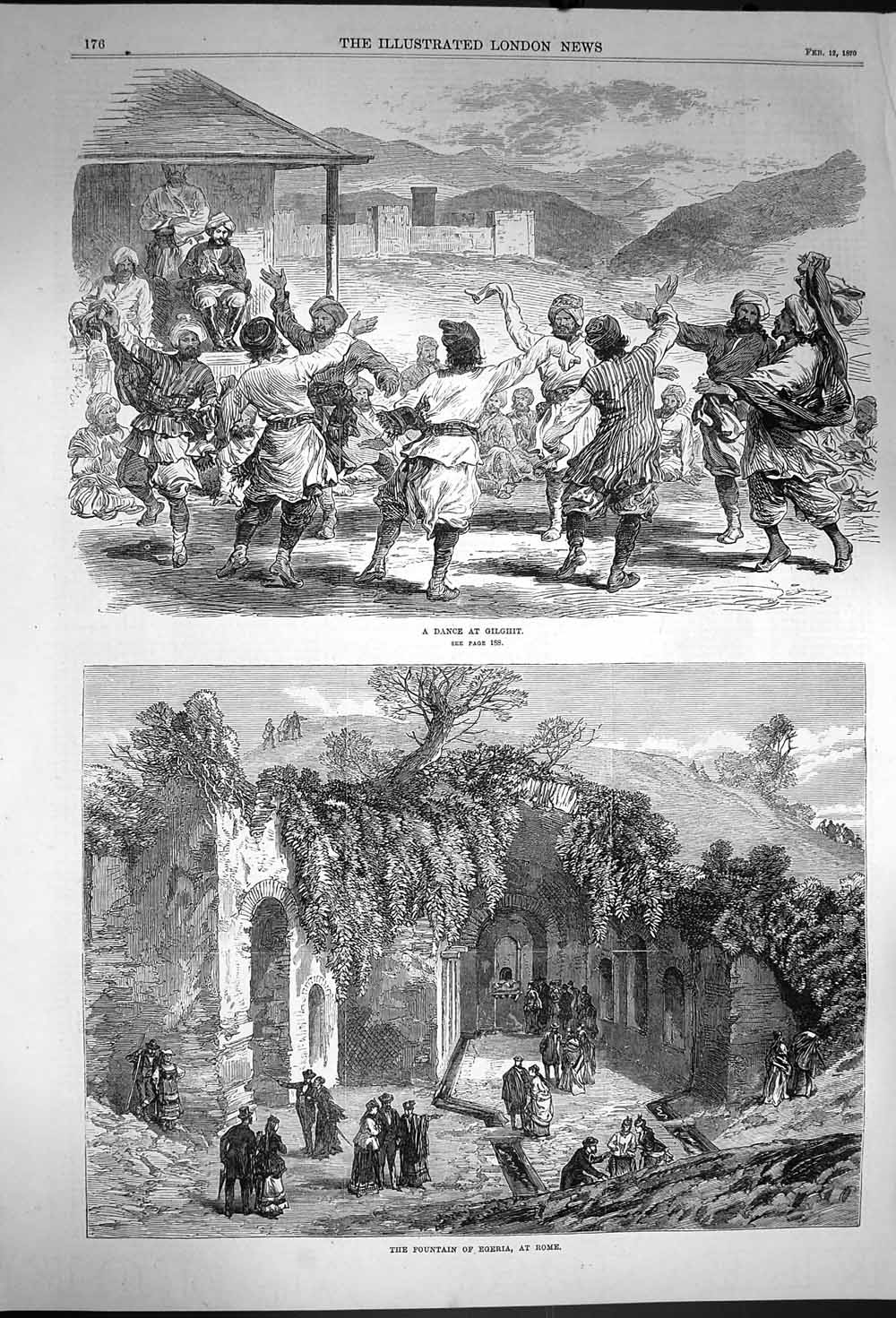 Original Old Antique Print 1870 Dance Gilghit Fountain Egeria Rome Italy 19th