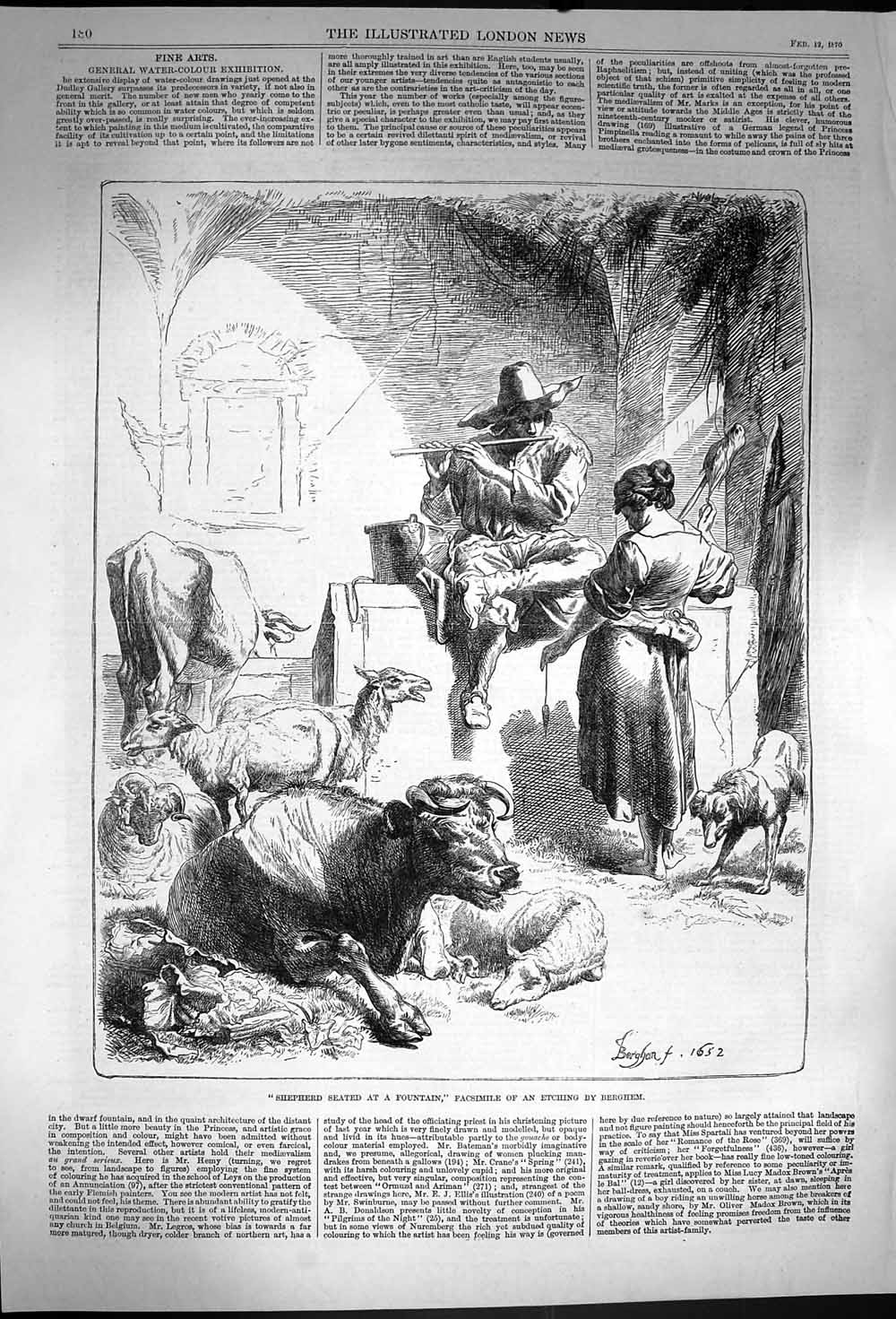 Original Old Antique Print 1870 Shepherd Seated Fountain Animals Berghem 19th
