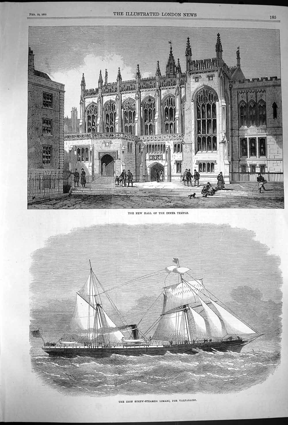 Old Antique Print 1870 New Hall Inner Temple Screw Ship Limari Valparaiso 19th
