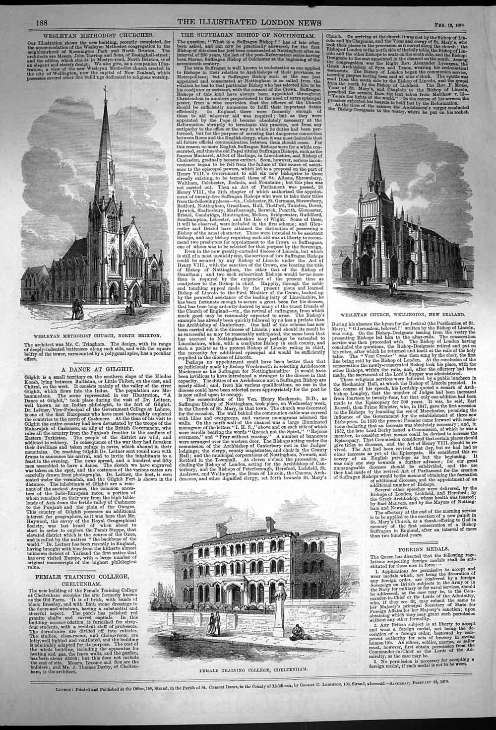 Old Antique Print 1870 Wesleyan Church Brixton Zealand College Cheltenham 19th