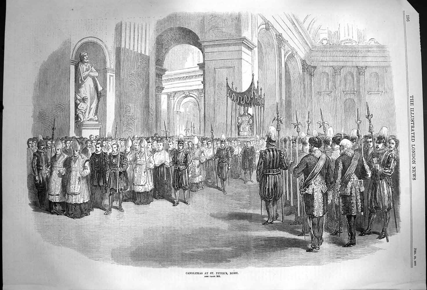 Original Old Antique Print 1870 Scene Candlemas St. Peters Rome 19th