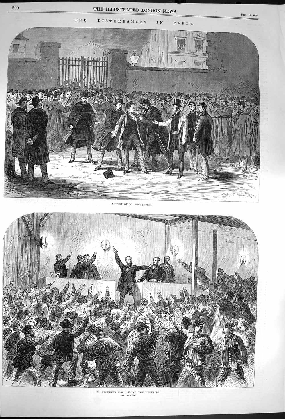 Original Old Antique Print 1870 Disturbance Paris Arrest Rochefort Flourens