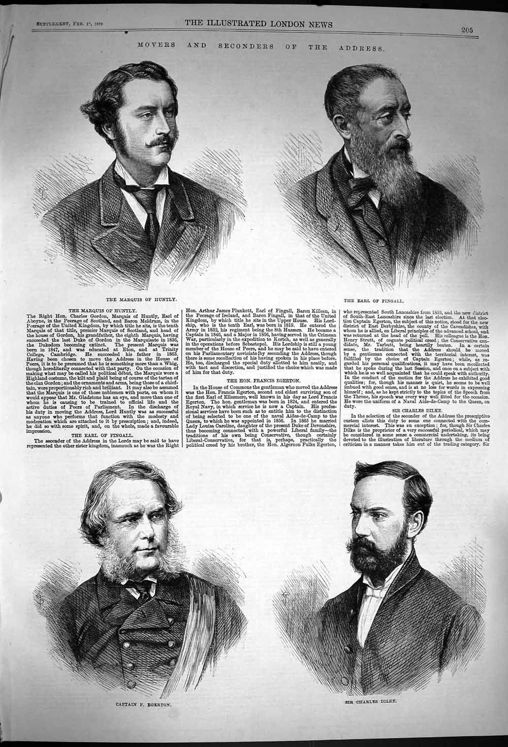Original Old Antique Print 1870 Parliament Huntly Earl Fingall Egerton Dilke