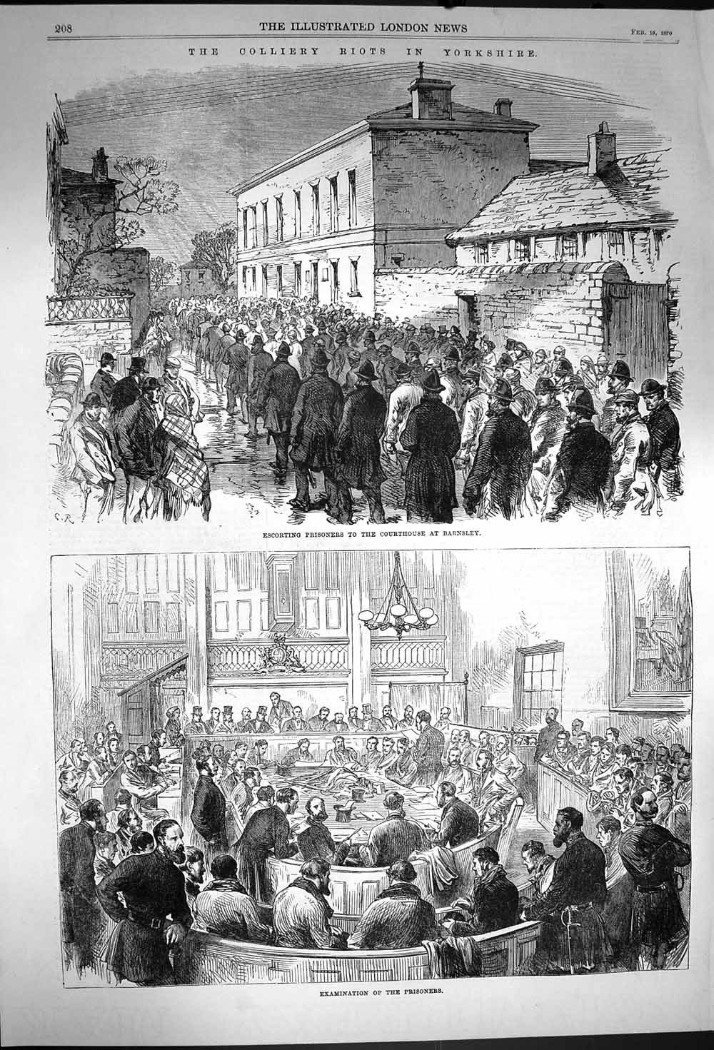 Old Antique Print 1870 Colliery Riots Yorkshire Barnsley Prisoners Court 19th